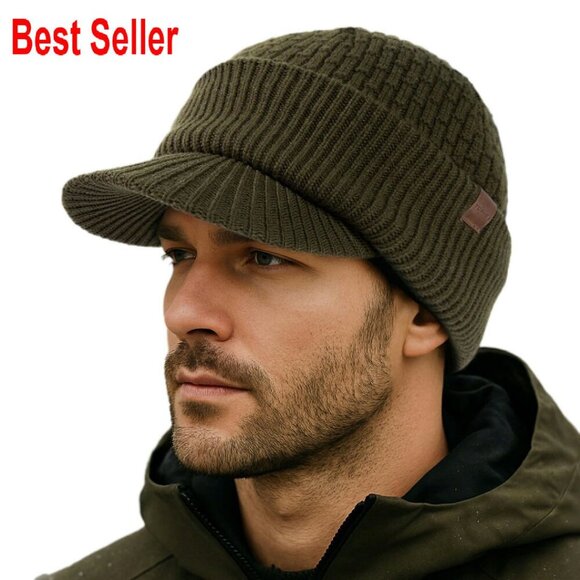 Accessories - Merino Wool Fleece Lined Beanie with Brim Classic Winter Outdoor Knit Cap